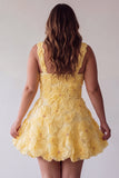 Light Yellow Sparkly Beaded Floral Thick Straps A-Line Short Cocktail Dress