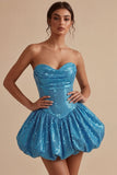 Sparkly Sequins Blue Bubble A-Line Corset Strapless Short Cocktail Dress