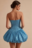 Sparkly Sequins Blue Bubble A-Line Corset Strapless Short Cocktail Dress