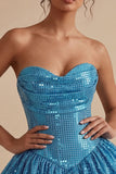 Sparkly Sequins Blue Bubble A-Line Corset Strapless Short Cocktail Dress
