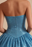 Sparkly Sequins Blue Bubble A-Line Corset Strapless Short Cocktail Dress