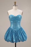Sparkly Sequins Blue Bubble A-Line Corset Strapless Short Cocktail Dress