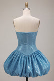 Sparkly Sequins Blue Bubble A-Line Corset Strapless Short Cocktail Dress