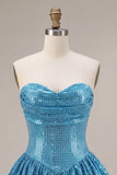 Sparkly Sequins Blue Bubble A-Line Corset Strapless Short Cocktail Dress