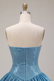 Sparkly Sequins Blue Bubble A-Line Corset Strapless Short Cocktail Dress