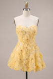 Sparkly Beaded Light Yellow Floral Sweetheart A-Line Short Cocktail Dress