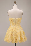 Sparkly Beaded Light Yellow Floral Sweetheart A-Line Short Cocktail Dress