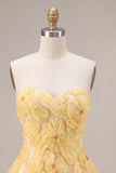 Sparkly Beaded Light Yellow Floral Sweetheart A-Line Short Cocktail Dress