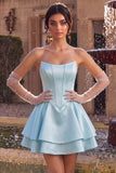 Sky Blue Satin Ruffled A-Line Short Corset Cocktail Dress