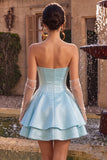 Sky Blue Satin Ruffled A-Line Short Corset Cocktail Dress
