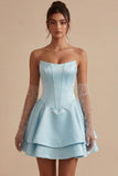 Sky Blue Satin Ruffled A-Line Short Corset Cocktail Dress