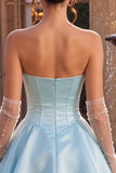 Sky Blue Satin Ruffled A-Line Short Corset Cocktail Dress
