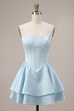 Sky Blue Satin Ruffled A-Line Short Corset Cocktail Dress