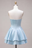 Sky Blue Satin Ruffled A-Line Short Corset Cocktail Dress