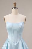 Sky Blue Satin Ruffled A-Line Short Corset Cocktail Dress