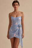 Light Blue Floral Bodycon Ruched Short Cocktail Dress with Sash