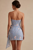 Light Blue Floral Bodycon Ruched Short Cocktail Dress with Sash