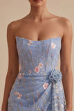 Light Blue Floral Bodycon Ruched Short Cocktail Dress with Sash