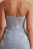 Light Blue Floral Bodycon Ruched Short Cocktail Dress with Sash