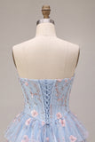Sparkly Sequins Light Blue Floral Corset Ruffled A-Line Short Cocktail Dress
