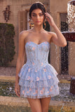 Sparkly Sequins Light Blue Floral Corset Ruffled A-Line Short Cocktail Dress