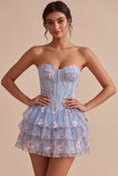 Sparkly Sequins Light Blue Floral Corset Ruffled A-Line Short Cocktail Dress