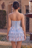 Sparkly Sequins Light Blue Floral Corset Ruffled A-Line Short Cocktail Dress