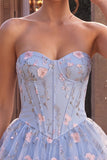 Sparkly Sequins Light Blue Floral Corset Ruffled A-Line Short Cocktail Dress