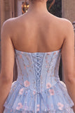 Sparkly Sequins Light Blue Floral Corset Ruffled A-Line Short Cocktail Dress