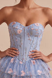Sparkly Sequins Light Blue Floral Corset Ruffled A-Line Short Cocktail Dress