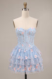 Sparkly Sequins Light Blue Floral Corset Ruffled A-Line Short Cocktail Dress