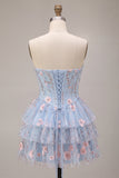 Sparkly Sequins Light Blue Floral Corset Ruffled A-Line Short Cocktail Dress