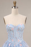 Sparkly Sequins Light Blue Floral Corset Ruffled A-Line Short Cocktail Dress