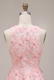 Pink Sparkly Beaded Floral A-Line Round Neck Short Cocktail Dress