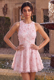 Pink Sparkly Beaded Floral A-Line Round Neck Short Cocktail Dress