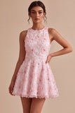 Pink Sparkly Beaded Floral A-Line Round Neck Short Cocktail Dress