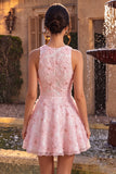 Pink Sparkly Beaded Floral A-Line Round Neck Short Cocktail Dress
