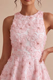 Pink Sparkly Beaded Floral A-Line Round Neck Short Cocktail Dress