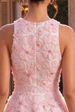 Pink Sparkly Beaded Floral A-Line Round Neck Short Cocktail Dress