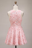 Pink Sparkly Beaded Floral A-Line Round Neck Short Cocktail Dress