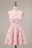 Pink Sparkly Beaded Floral A-Line Round Neck Short Cocktail Dress