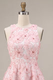 Pink Sparkly Beaded Floral A-Line Round Neck Short Cocktail Dress
