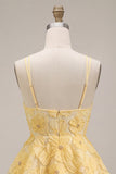 Light Yellow Sparkly Beaded Floral A-Line Short Cocktail Dress with Ruffles