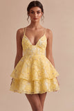 Light Yellow Sparkly Beaded Floral A-Line Short Cocktail Dress with Ruffles