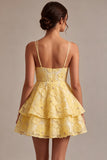 Light Yellow Sparkly Beaded Floral A-Line Short Cocktail Dress with Ruffles