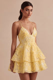 Light Yellow Sparkly Beaded Floral A-Line Short Cocktail Dress with Ruffles