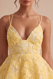 Light Yellow Sparkly Beaded Floral A-Line Short Cocktail Dress with Ruffles