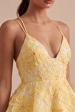 Light Yellow Sparkly Beaded Floral A-Line Short Cocktail Dress with Ruffles