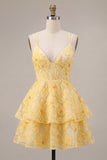 Light Yellow Sparkly Beaded Floral A-Line Short Cocktail Dress with Ruffles