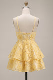 Light Yellow Sparkly Beaded Floral A-Line Short Cocktail Dress with Ruffles